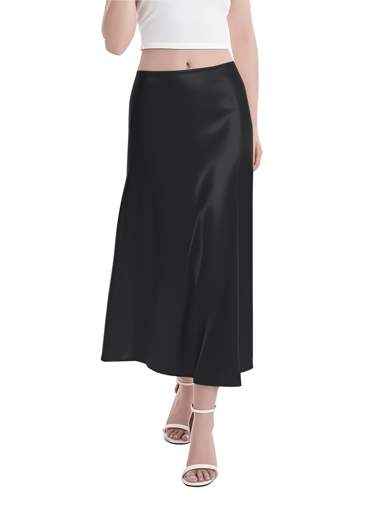 Urban CoCo Womens A-Line Satin Long Skirt Silk Elegant High Waist Cocktail Party Wedding Flowy Midi Skirts