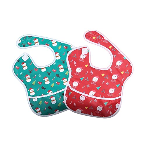 Little Dimsum Christmas Feeding Baby Bibs Waterproof Drool Christmas Bib Coverall 2 PCS Set Adjustable Closure for Babies Toddlers with Large Pocket (6-36 Months)