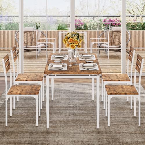 Image of Garvee 5 Piecs Dining Table Set, Farmhouse Style Dining Table and Chairs Set for 4, Dining Set for Dining Room Kitchen Apartment, White & Brwon