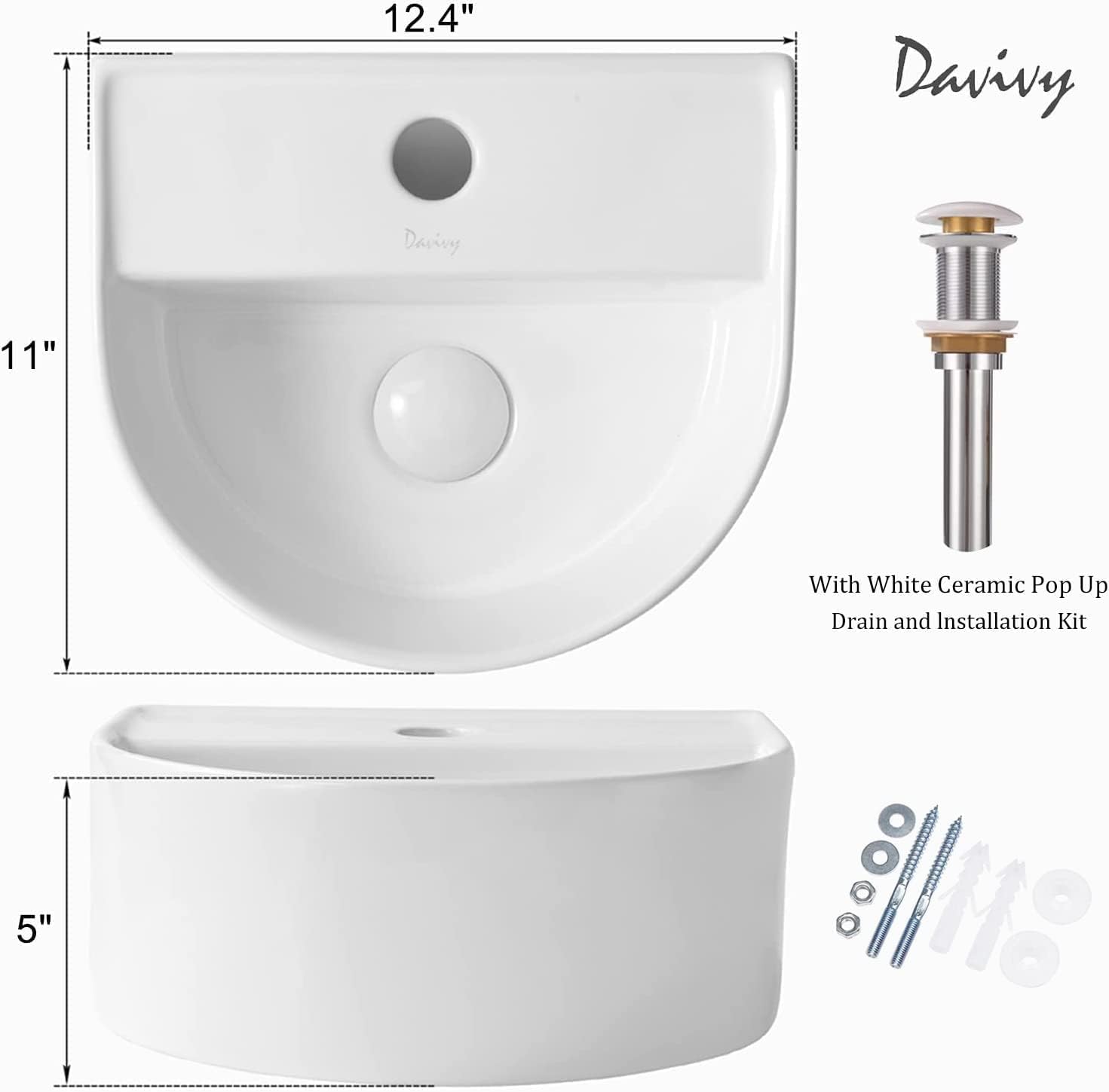 Davivy 12.4" x 11'' U-Shaped Wall Mount Bathroom Sink with Pop Up Drain and Installation Kit,Corner Bathroom Sink,White Vessel Sink,Small Bathroom Sink,Bowl Sinks for Bathrooms(Not Included Faucet)