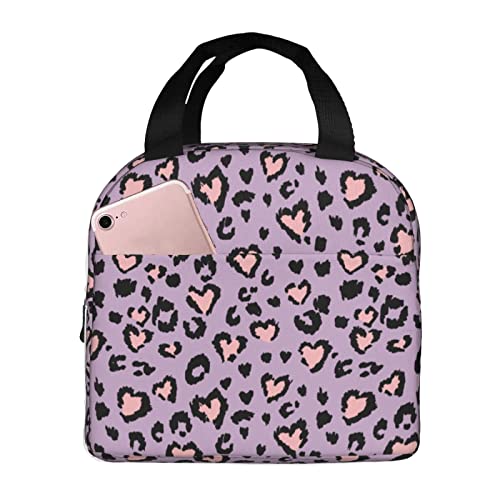 Yrassio Purple Leopard Print Lunch Bag, Heart With Pink Camouflage Insulated Reusable Lunch Bag, Portable Lunch Box Cooler Container Tote Bag #TOP30