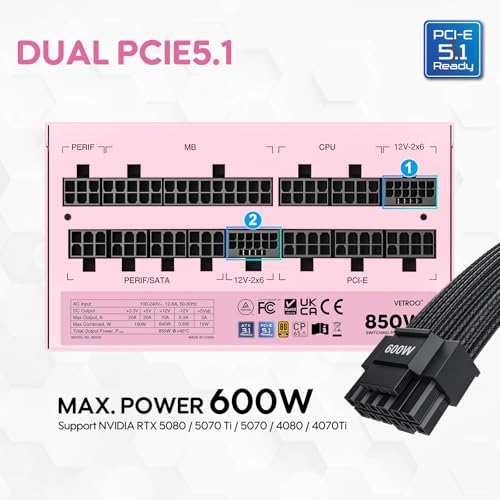 Image of Vetroo 850W Power Supply Dual PCIe 5.1 ATX 3.1 Ready, 80 Plus Gold Full Modular, Quiet Operation with 120mm FDB Fan, 10-Year Warranty -Pink
