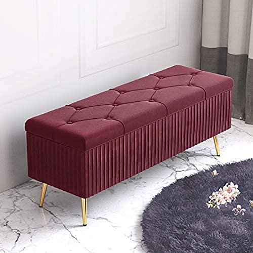 Tabouret de rangement pliable en velours rouge avec coffre à jouets - 3