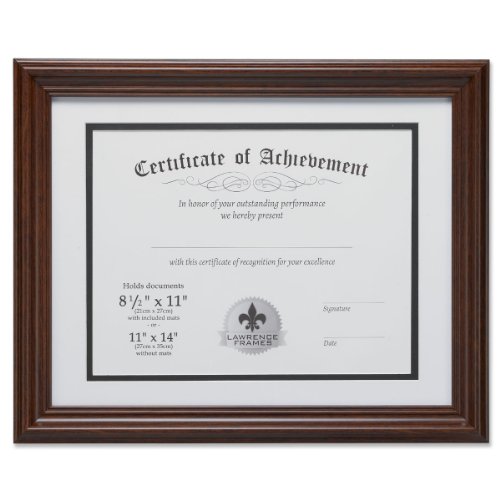 Lawrence Frames Dual Use 11 by 14-Inch Certificate Picture Frame with Double Bevel Cut Matting for 8.5 by 11-Inch Document, Walnut