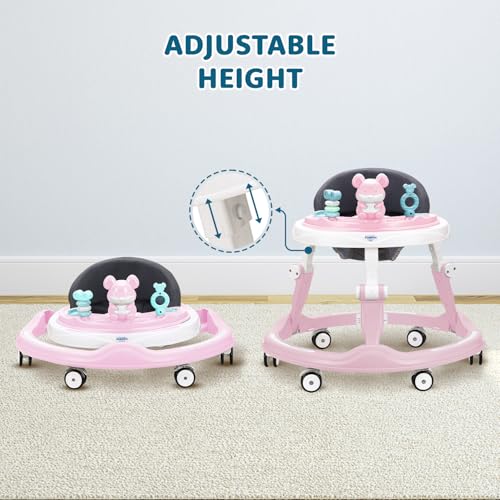 Image of Amazon Brand - Supples Baby Walker (Musical) | Kids Walker with Toys | Baby Walkers for Boys & Girls 9+ Months | Adjustable Height Walker with RGB Lights | Birthday Gift for 1 Year Old | Pink & White