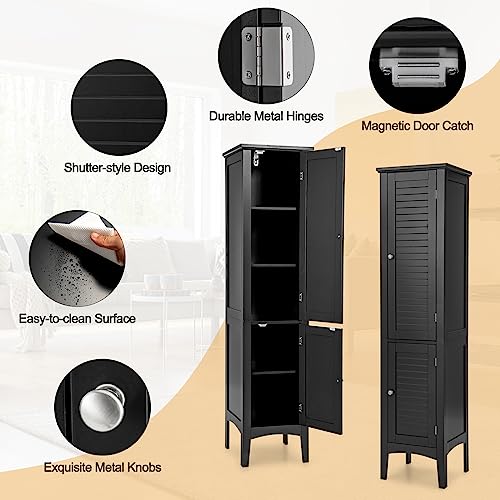 COSTWAY Tall Bathroom Storage Cabinet, 5-Tier Freestanding Linen Tower Cabinet with 2 Doors, Wooden Side Storage Organizer, Narrow Slim Floor Cabinet for Bathroom, Living Room, Kitchen (Black) - Image 6