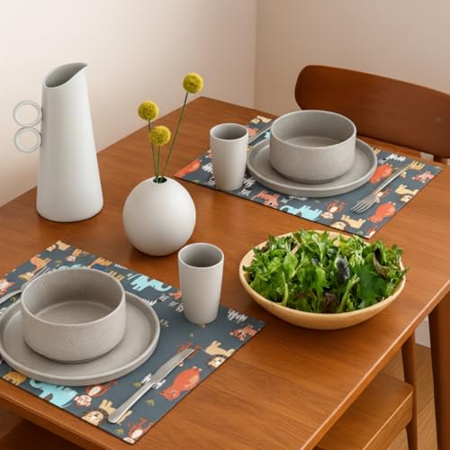 Image of Kids ClothTable Mats Set of 2 - Wild Animal Jungle Safari Theme,Digital Print, Washable, Indoor /Outdoor, Heat-Proof, Water Resistant, Wipe & Clean (47X33 cm) Forest Green