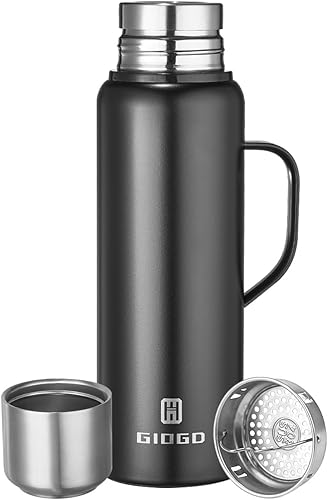 Termo aislado con vacío de 1000ml33.8oz con taza Botellas de café de acero inoxidable para bebidas calientes y frías. (Negro, con asa, 1000ml)