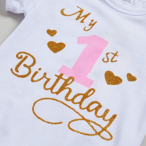 My 1St Birthday Outfit Baby Girl Short Sleeve Romper Tutu Skirt Sequins Bow Headband Leg Warmers Clothes 4Pcs Set (Pink3, 12-18 Months) #TOP4