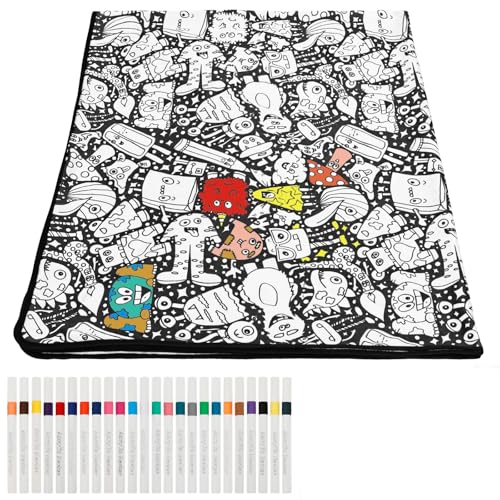 YUNYOUC DIY Colouring Blanket with 24 Colour Markers 156x125cm Colour Your Own Throw Blanket Arts and Crafts Activity Set Personalised Soft Polyester Throw Home Decor Gifts for Christmas(Style D)