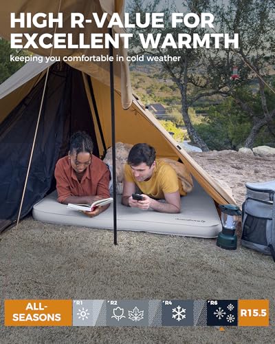 Image of KingCamp Self Inflating Sleeping Pad, 6 inch Ultra Thick R 15.5 Air & Foam Camping Mattress 2 Person, Full Size Double Sleeping Pad for Camp Tent Outdoor Car, PVC Free, Grey