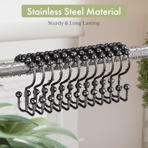 Image of Amazer Black Shower Curtain Hooks, Shower Curtain Hooks Rust Proof 12 Pcs Stainless Steel Shower Hooks for Shower Curtain, Double Shower Curtain Hooks for Bathroom Shower Rods Curtain