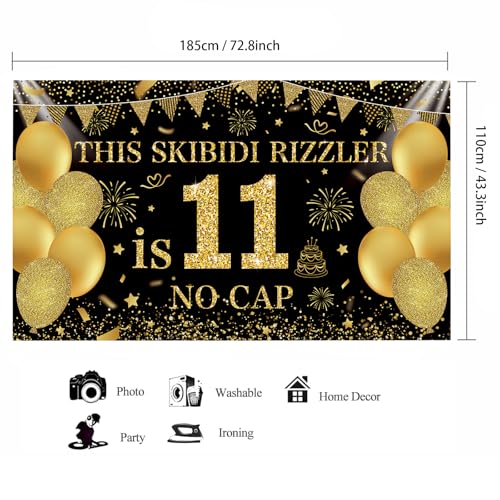 Image of Black Gold This Skibidi Rizzler is 11 No Cap Happy Birthday Backdrop Banner Photography Background Decorations for Boys Girls 11th Year Bday Party Accessories Supplies 72.8 * 43.3in