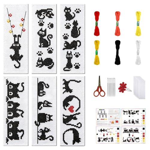 Image of FREEBLOSS 6 Set Cross Stitch Bookmark Kit Stamped Cross Stitch Kit Black Cat Embroidery Set with Instruction for Adults 8''*2.4''