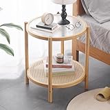 Tiita Rattan Coffee Table, Round End Table, 19.7Inch Modern Side Table, Small Bamboo Living Room Side Table, Glass Sofa End Table for Balcony and Office Outdoor/Indoor (Wood)