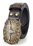 KorhLeoh Western-Leather-Belt Vintage-Cowgirl-Cowboy-Embossed-Buckle-Belt Floral-Engraved-Country-Belt for Men Women