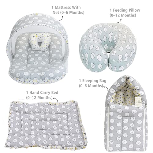 Image of Infantbond by Fareto Baby Bedding Set Essentials Combo | Baby Bed | Carry Bag | Sleeping Bag | Hand Carry Bed | Feeding Pillow (0-6 Months)(All in 1) (Grey Ship)
