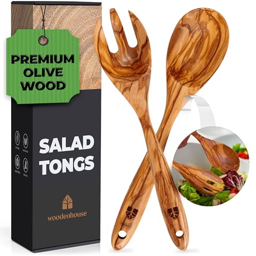 Salad Tongs for Serving, Spoon Salad Utensils Set from Olive Wood, 12 inches Wooden Fork and Spoon for Mixing, Tossing & Cooking