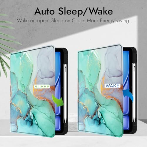 Image of Robustrion Case Cover for iPad Air 11 inch M4 / M3 / M2 (2024 /2025) / iPad Air 5th Generation Cover / 4th Gen 10.9 inch with [Pencil Holder Right Side] [Auto Sleep Wake] Folio Cover Case - Marble Green