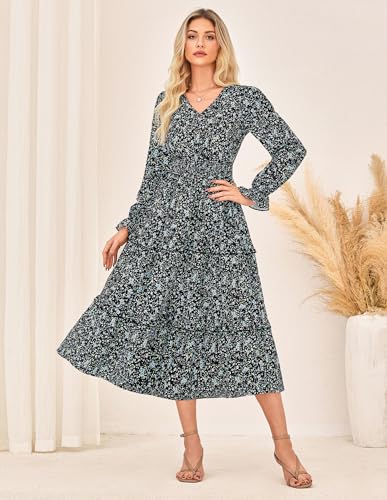 GRACE KARIN Women's Floral Maxi Dress 2025 Fall Long Sleeve Flowy V Neck A Line Dress Smocked Long Dresses with Pockets2