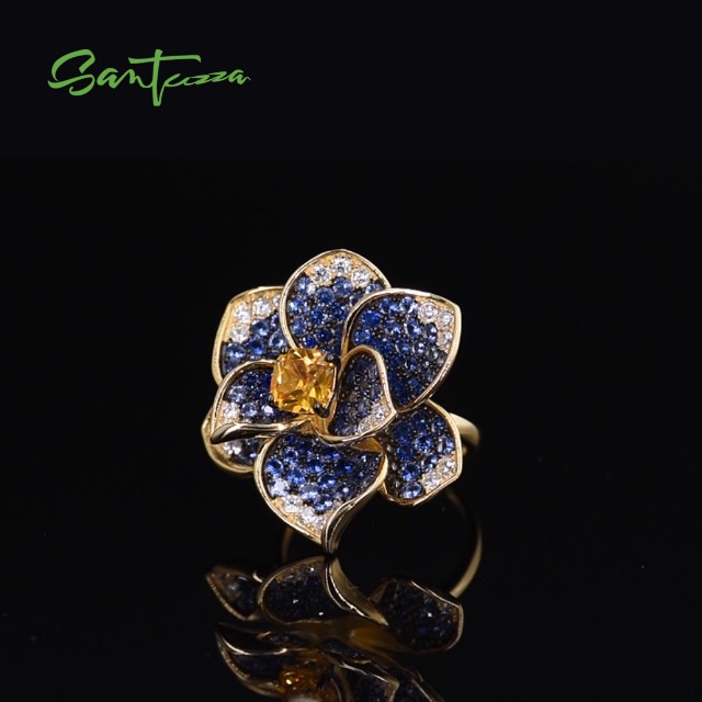 ST.REGION Blue Cubic Zirconia & Silver-Plated Flower Ring – Size 10, Enamel Detail - View #4
