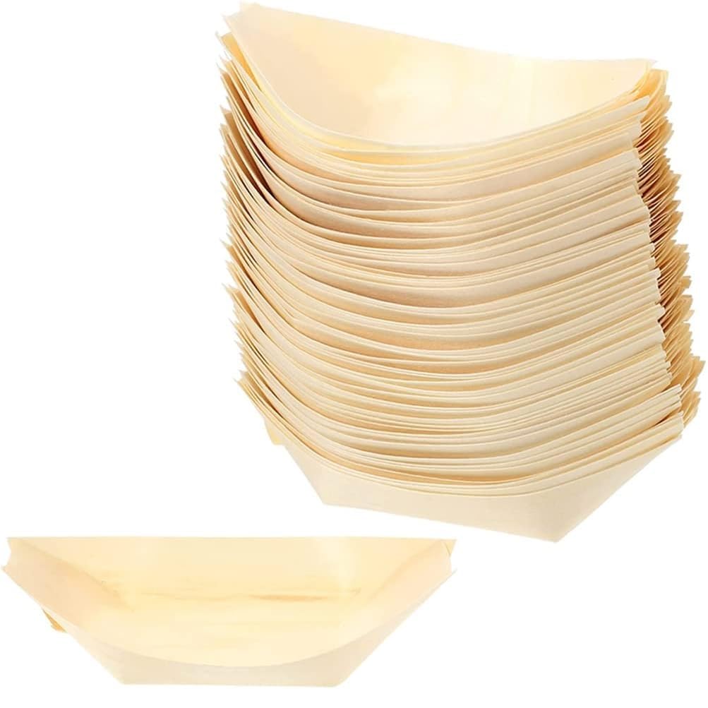 YUNXIASW 50 Pcs Bamboo Boat Plates 5.5" Disposable Wooden Boat Plates