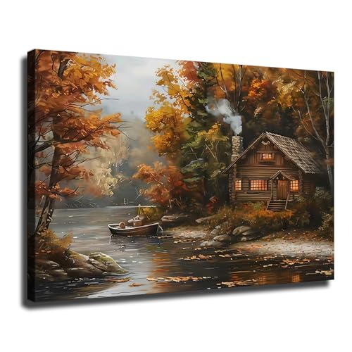 Autumn Countryside Riverside Resort Style Canvas Wall Mural, Framed Poster,