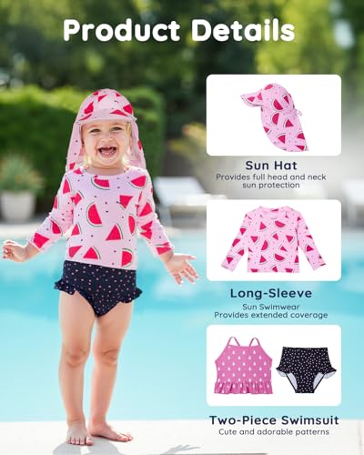 Lilian & Gema 4-Piece Baby Toddler Girl Swimsuit Set - Tankini & Rash Guard Girls Bathing Suit with UPF 50+ Sun Protection, Watermelon, 2T - Thumbnail 3