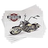 Ambesonne Motorcycle Place Mats Set of 4, Chopper Customized Club Insignia Bikes Hippie Classic Retro Themed Print, Washable Fabric Placemats for Dining Table, Standard Size, Black Beige