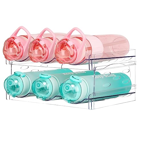 mepure Stackable Water Bottle Organiser for Cupboard, 2 Packs Fridge Bottle Storage Rack, Plastic Fridge Organisers Rack Wine Rack for Kitchen Pantry Organiser, Each Rack Holds 3 Containers