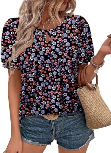 ROFUSSO Blusa de Manga Corta para Mujer Verano Casual Blusa Top Elegante Floral Tops de Manga Corta Casual Camisetas Básicas(Negro,XL)