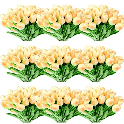 Jexine 100 Pcs Artificial Real Touch Tulips Fake Artificial Tulip Flower Bulk Bouquet with Stem for Table Centerpieces Wedding Bridal Easter Mother's Day Garden Home Decor, 13.4''(Light Champagne)