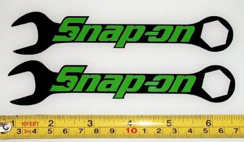 Snap On Logo over Wrenches - Lime Green on Black HQ Vinyl Sticker Decals! Set of 2 at 6in x 1.2in each