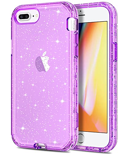 Hython Case For Iphone 8 Plus, Iphone 7 Plus Case, Crystal Clear Glitter Transparent Defender Protective Bling Sparkle Hard Shell Hybrid Shockproof Rubber Bumper Phone Cases Cover, Purple Glitter #TOP9