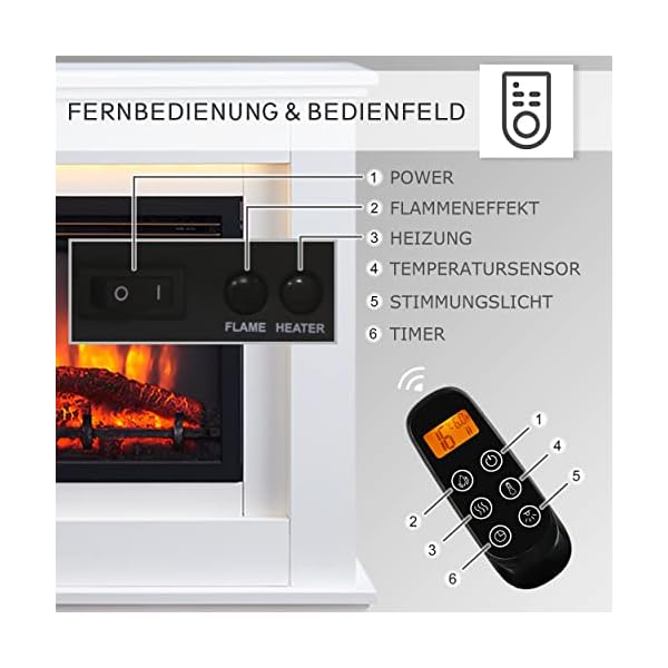RICHEN Elektrokamin Baldur | Elektrischer Standkamin mit 3D-Flammeneffekt | Elektro Heizung 2000W, LED-Beleuchtung | Kamin mit Fernbedienung, Timer & Thermostat | Weiß – Bild 6