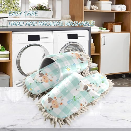 Microfiber Cleaning Slippers Buffalo Print Cute Daisy Cows Washable Mop Shoes Slipper for Men/Women House Floor Dust Cleaner, Size L3