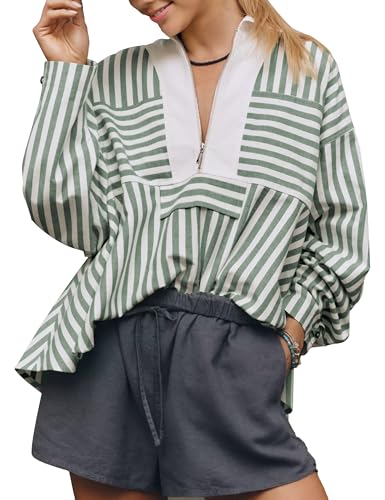 Women's Half Zip Striped Shirt Casual Ruffled Long Sleeve Oversized Loose Blouse Tops