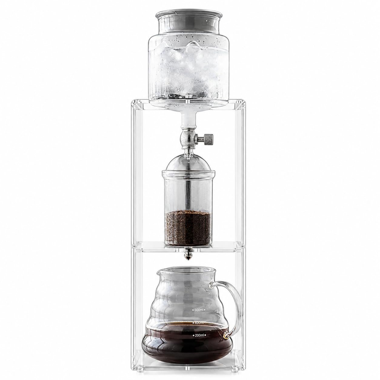 Torre de café Cold Brew, cafetera de goteo de hielo con velocidad de goteo ajustable, soporte acrílico y olla de vidrio de 600 ml, 2-4 tazas para el hogar y la cafetería