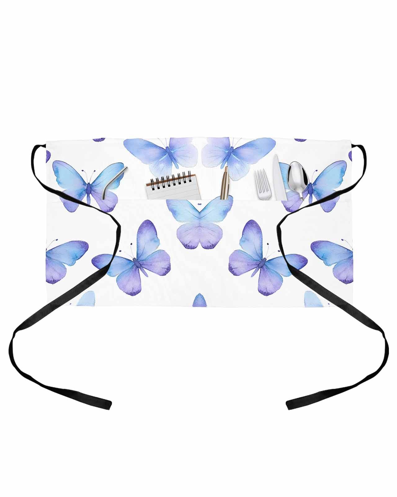Blue Purple Butterfly Server Apron Waitress Aprons with 3 Pockets, Watercolor Elegance Butterflies Half Waist Waiter Aprons Restaurant Chef Aprons for Women Men