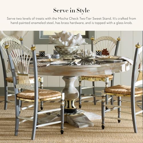 MACKENZIE-CHILDS Enamel Two-Tier Sweet Stand, Two-Tiered Serving Tray for Dessert, Brown-and-White Mocha Check