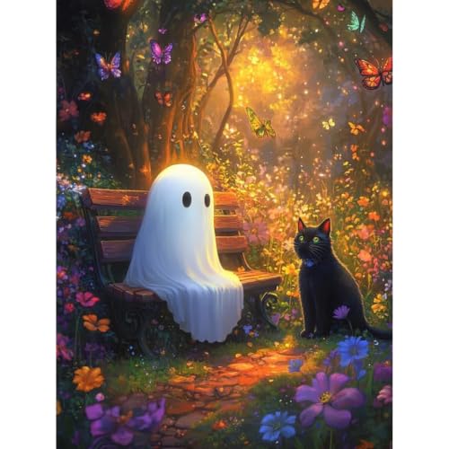Image of Clendo Halloween Paint by Numbers Kit for Adults - Ghost and Cat Adult Paint by Number Kits on Canvas for Beginner, Oil Painting by Numbers Kit for Gift Home Wall Decor Without Frame 16x20 Inch