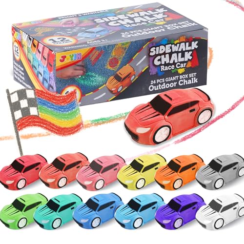 JOYIN 24PCS Race Car Sidewalk Chalk Bulk Party Favors for Kids Non Toxic Washable Jumbo Chalk Toddler Outdoor Toys Individually Wrapped Birthday Gifts Outside Toys (12 Colors)