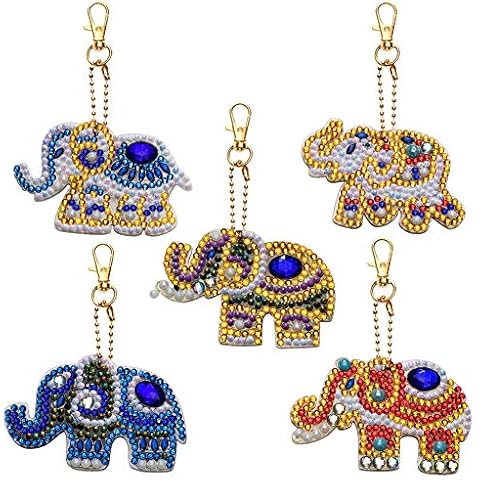 Soleebee 5pcs DIY 5D Full Drill Diamond Painting Key Chain by Number Kit Mosaic Making Double-Sided Drill Pendant Crystal Rhinestones Keychain Bag Charms Gift (Elephant) Cover