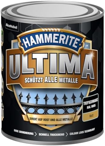 Hammerite Ultima Matt, Metallschutzlack, Hochwertiger Schutzlack für alle Metalle im Außenbereich, Tiefschwarz RAL 9005, 750 ml