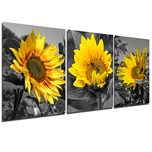 Sunflower Wall Art Painting Decor- Yellow Floral Flower Canvas Picture Black and White Posters Prints Nature Bee Rustic Farmhouse Artwork Living Room Bathroom Kitchen Decoration unframed 12x16 inch