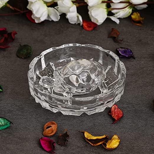 Feng Shui Vastu Crystal Glass Turtle With Plate - Kachua Showpiece for Good Luck Decoration - Small Round Plate With 3 cm Tortoise