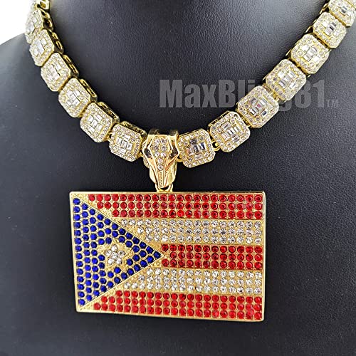 Hip Hop Jewelry Gold Plated Puerto Rico Flag Pendant & 12mm 16" 18" 20" Iced Baguette Choker Chain Hip Hop Jewelry Necklace2