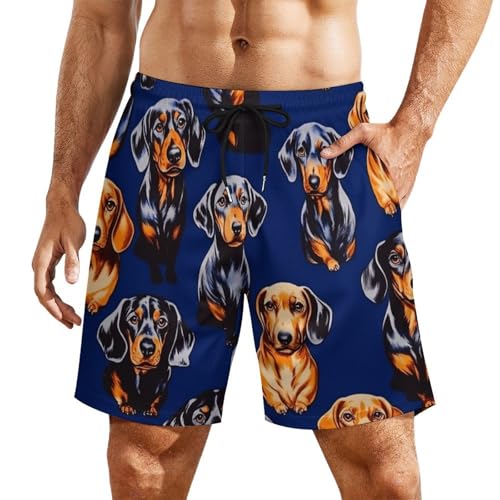 Dachshund Dog Print Blue Mens Swim Trunks Quick Dry Beach Shorts with Compression Liner and Pocket