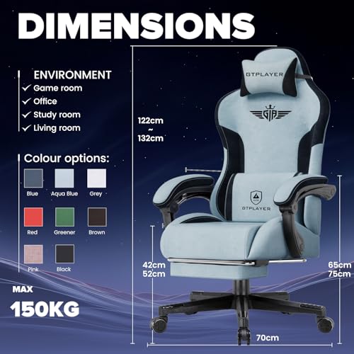 Image of GTPLAYER Gaming Chair, Computer Office Chair Lumbar Support, Linkage Armrests and Footrest, Ergonomic Game Chair for Adults with Extended Backrest, Velvet Fabric, Light Blue