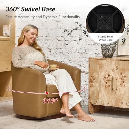 Image of HULALA HOME Genuine Leather Swivel Barrel Chairs Set of 2, Round Swivel Accent Chairs with Solid Wood Base, Leather Barrel Accent Chair for Living Room, No Assembly Required, Camel